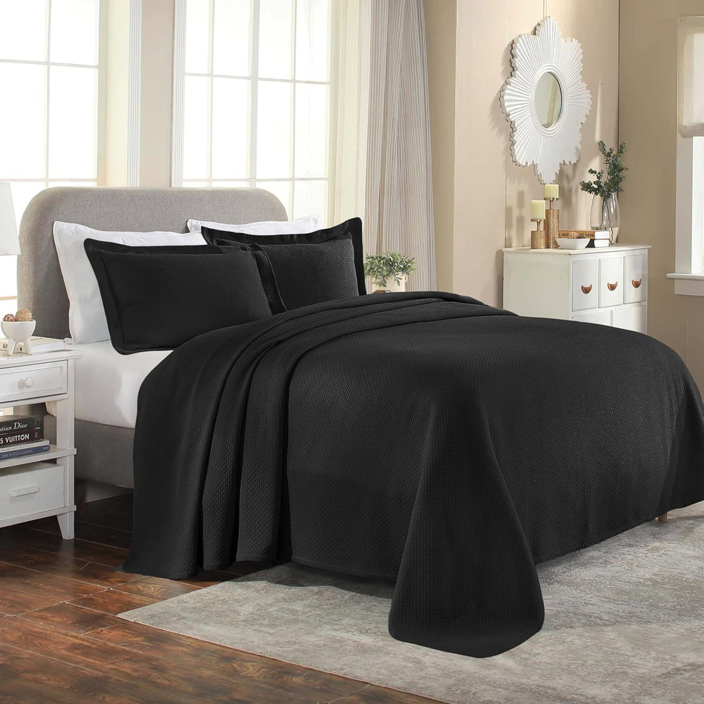 Superior Solitaire Cotton 3 Piece Bedspread Set, Home Bed Decor, Decorative Textured Bed Spread, 2 Pillow Shams, Airy Blanket, Matelasse Coverlet Bedding, All-Season Accent Blanket, Queen, Black