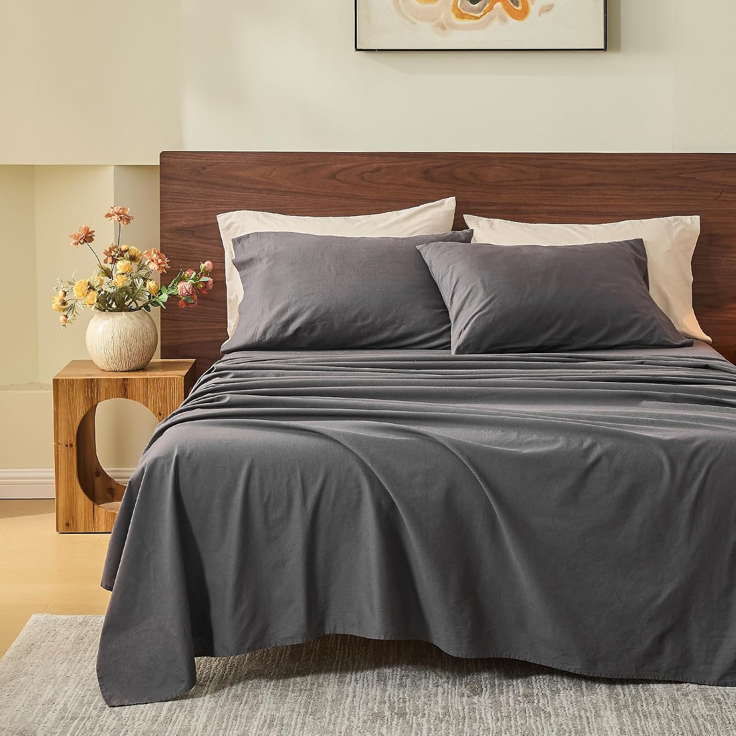 MEISHANG 100% French Pure Linen Sheets King Size - Bed Sheets 4 Piece Sets, Soft Durable Flax Linen, Anti-Tear Breathable Oeko-Tex Certified with 16' Deep Pocket (Dark Grey)