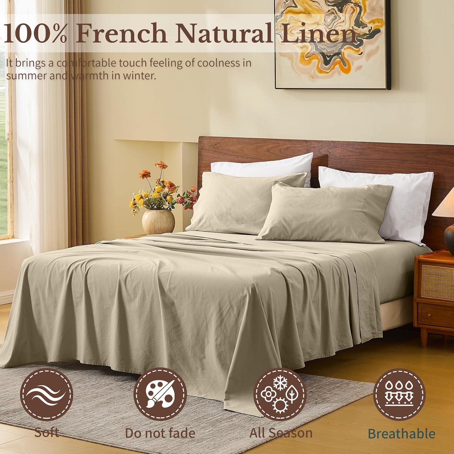 MEISHANG 100% French Pure Linen Sheets King Size - Bed Sheets 4 Piece Sets, Soft Durable Flax Linen, Anti-Tear Breathable Moisture Wicking with 16' Deep Pocket (Brown Taupe)