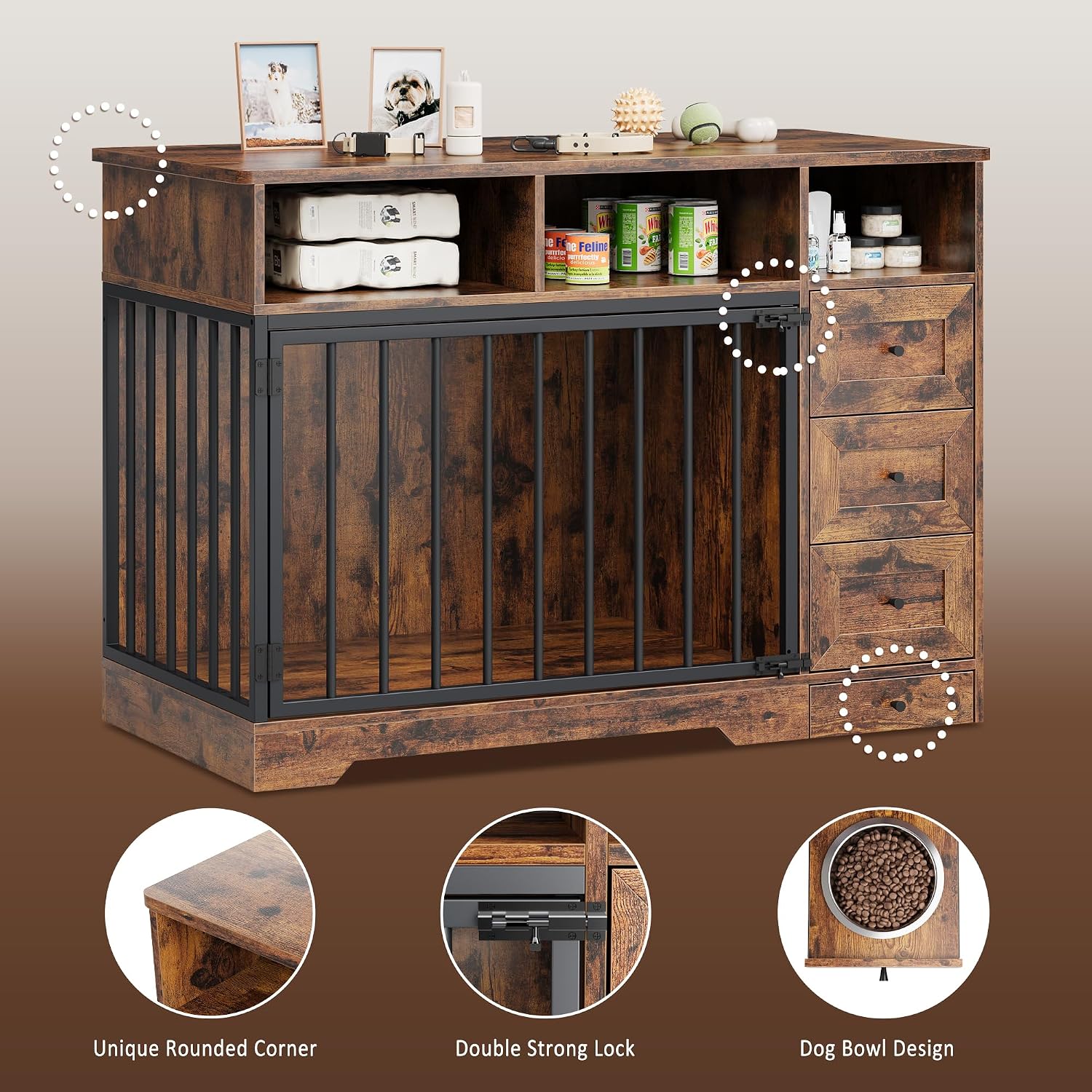 GarveeLife 48'' Dog Crate Furniture, Farmhouse Heavy Duty Dog Kennel with Bowl & Storage Drawers, Medium Dog Cage End Table for Small Medium Dogs, Retro Brown