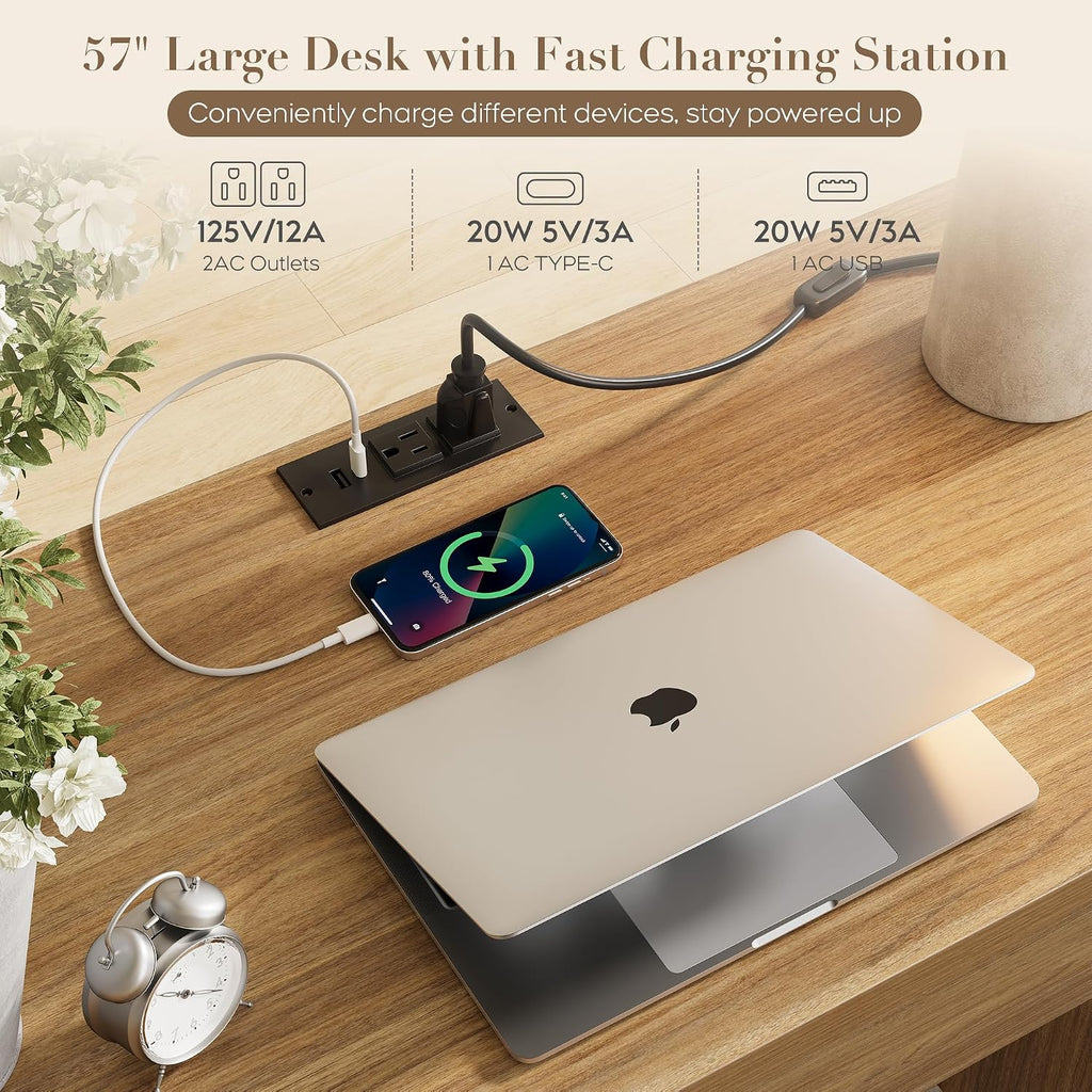 Yechen Executive Desk with 5 Drawers, 57' Modern Rattan Home Office Desk with Charging Station, File Drawer, Farmhouse Boho Computer Writing Desk for Study, Work, Walnut Brown