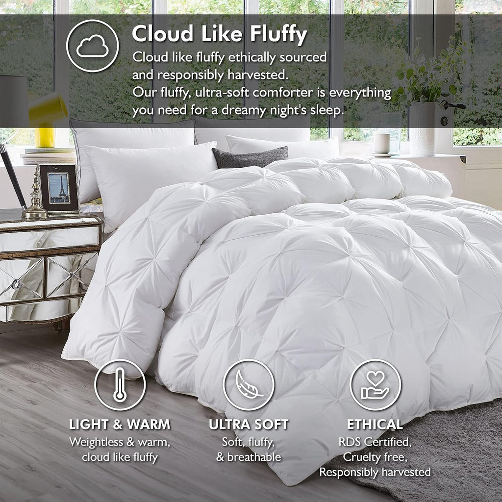 Luxurious Queen Size Goose Down Feather Fiber Comforter Duvet Insert, 100% Egyptian Cotton Cover, 60 oz. Fill Weight Comforter (Queen, White Pinch Pleat)