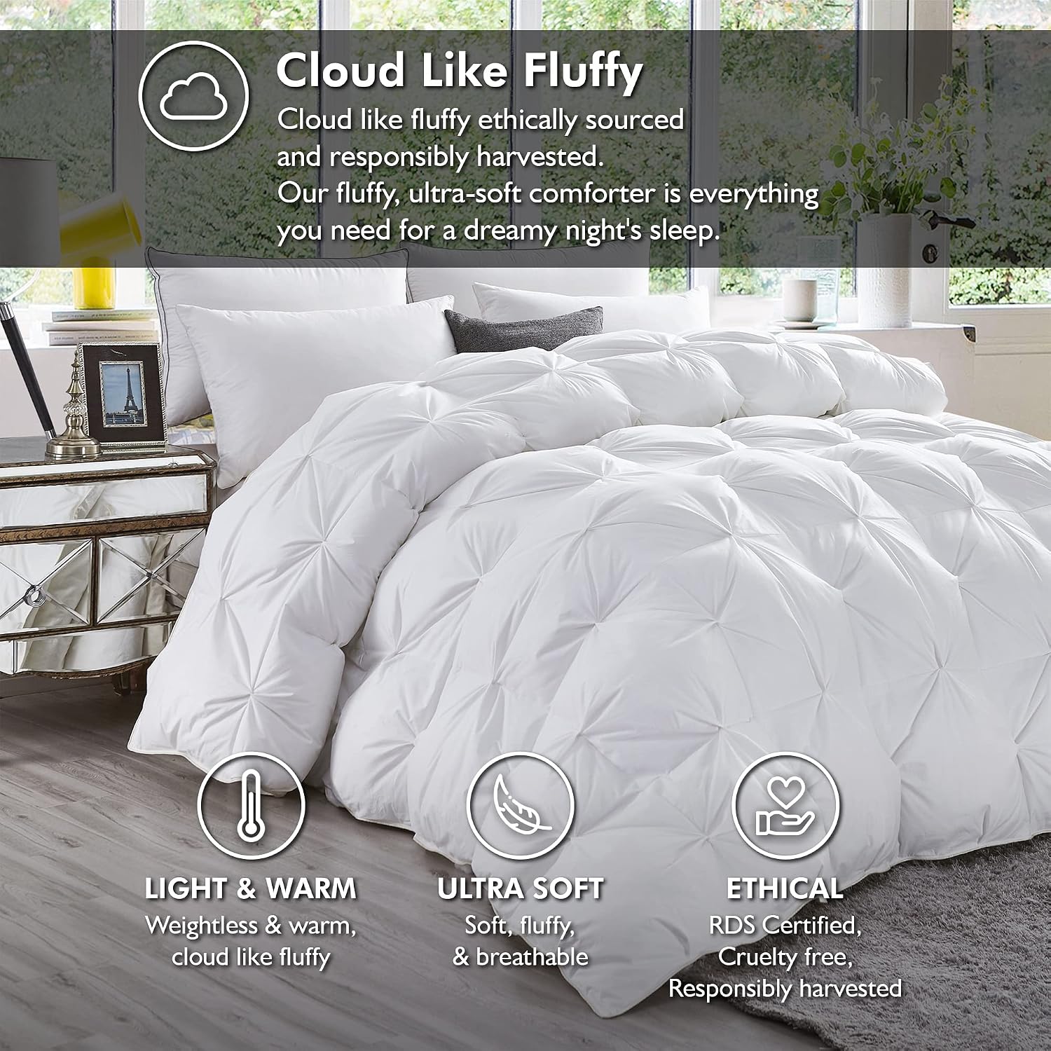 Luxurious Queen Size Goose Down Feather Fiber Comforter Duvet Insert, 100% Egyptian Cotton Cover, 60 oz. Fill Weight Comforter (Queen, White Pinch Pleat)