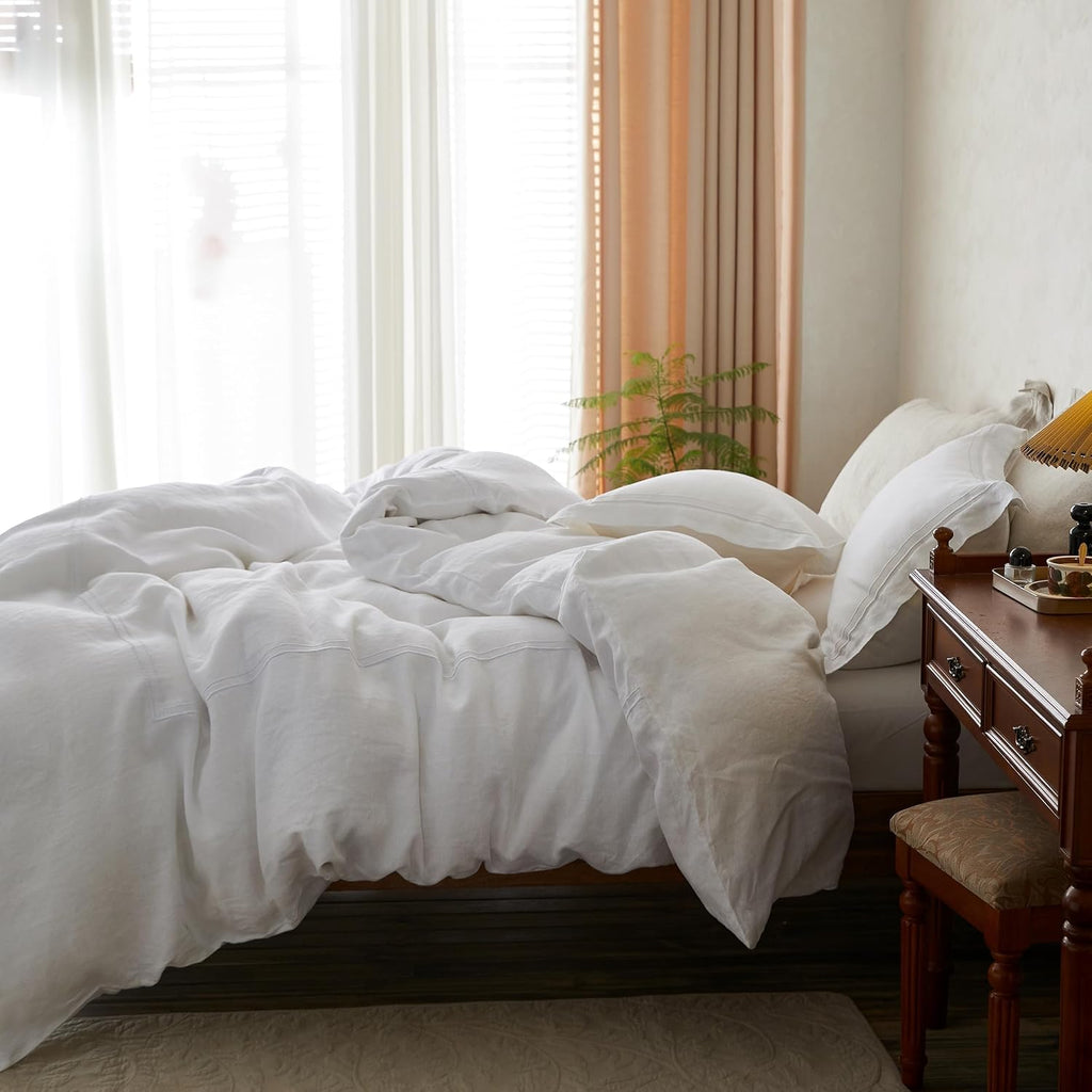 Simple&Opulence 100% Washed Linen Duvet Cover Set 88'x92' - 3 Pieces Soft Farmhouse Comforter Cover Set Double Embroidered with Button Closure - 1 Duvet Cover and 2 Pillowshams (White, Queen)