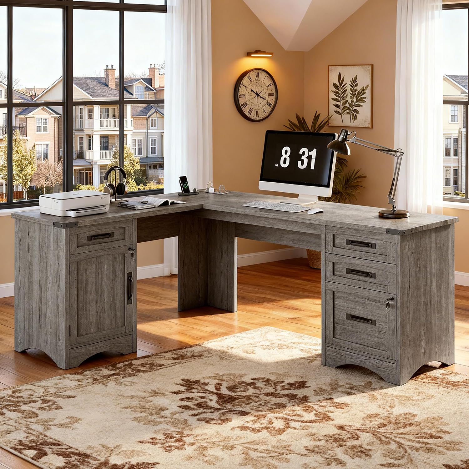Decofy 67' Farmhouse L Shaped Standing Desk with Drawers Home Office Executive Desks with Fast Charging Station, Lockable File Cabinet, Wood Writing Computer Desk for Work, Study, Grey