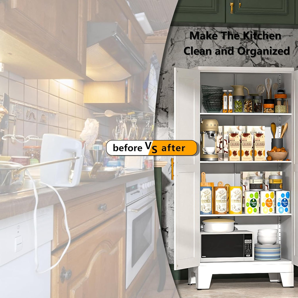 PAOFIN White Metal Kitchen Storage Cabinet, Kitchen Pantry Storage Cabinet with Doors and Shelves, Storage Cabinet with Adjustable Leveling Foot for Kitchen, Living Room and Dining Room. 61' H