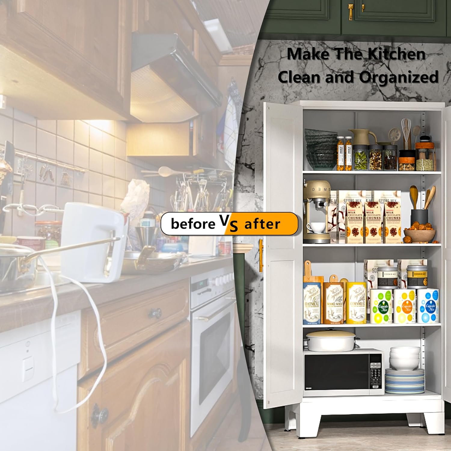 PAOFIN White Metal Kitchen Storage Cabinet, Kitchen Pantry Storage Cabinet with Doors and Shelves, Storage Cabinet with Adjustable Leveling Foot for Kitchen, Living Room and Dining Room. 61' H