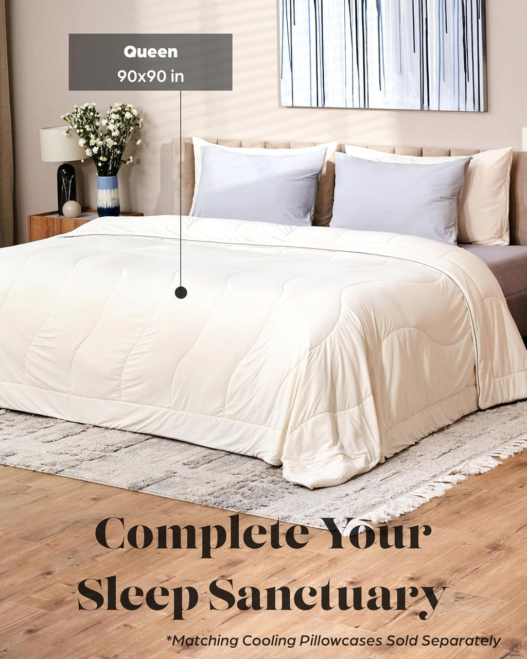 Lavish Comforts Cooling Comforter Queen Size 90x90, Cooling Blanket for Hot Sleepers & Night Sweats, Breathable Lightweight All Season Bedding Comforter, Soft Cream Duvet Insert