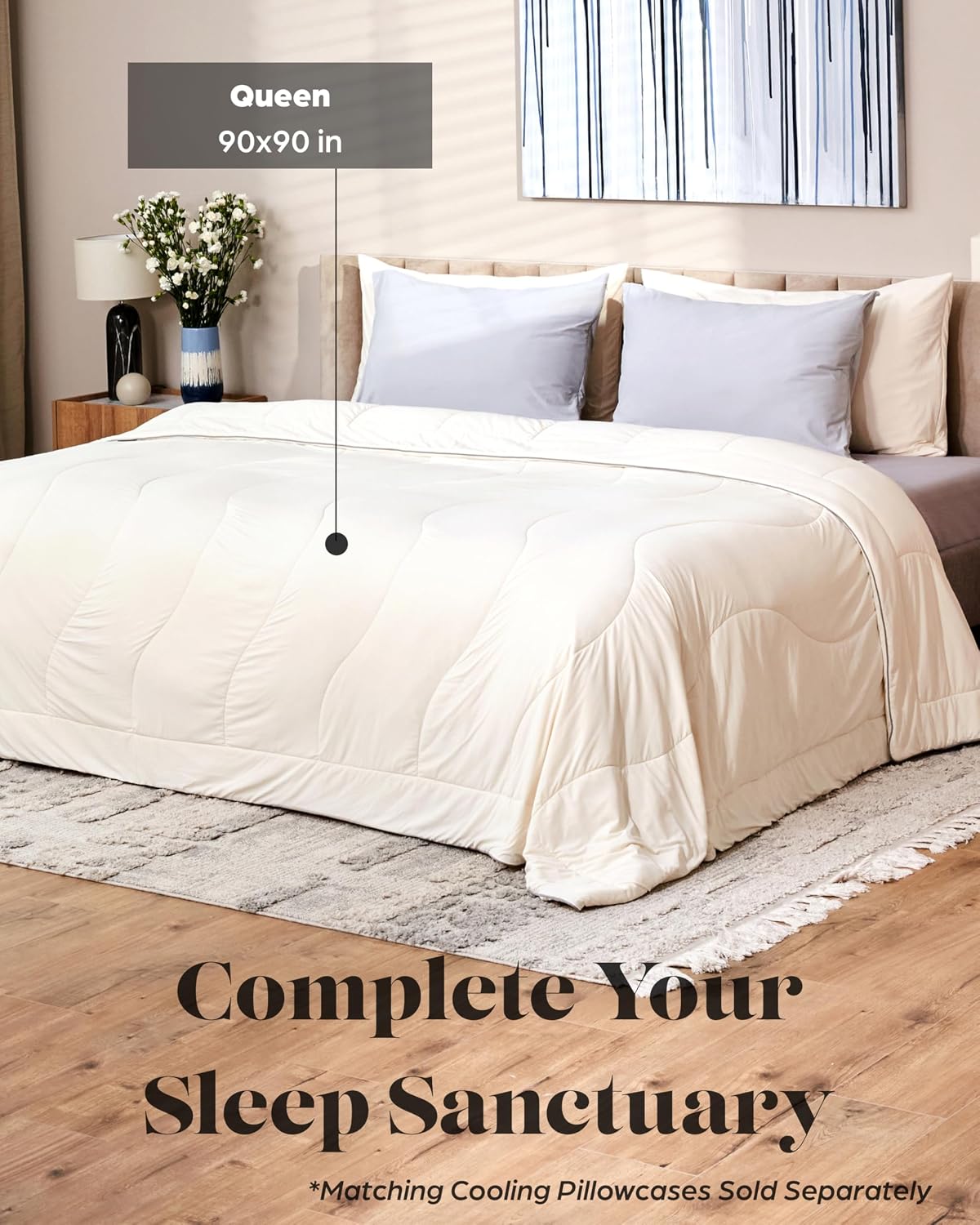 Lavish Comforts Cooling Comforter Queen Size 90x90, Cooling Blanket for Hot Sleepers & Night Sweats, Breathable Lightweight All Season Bedding Comforter, Soft Cream Duvet Insert