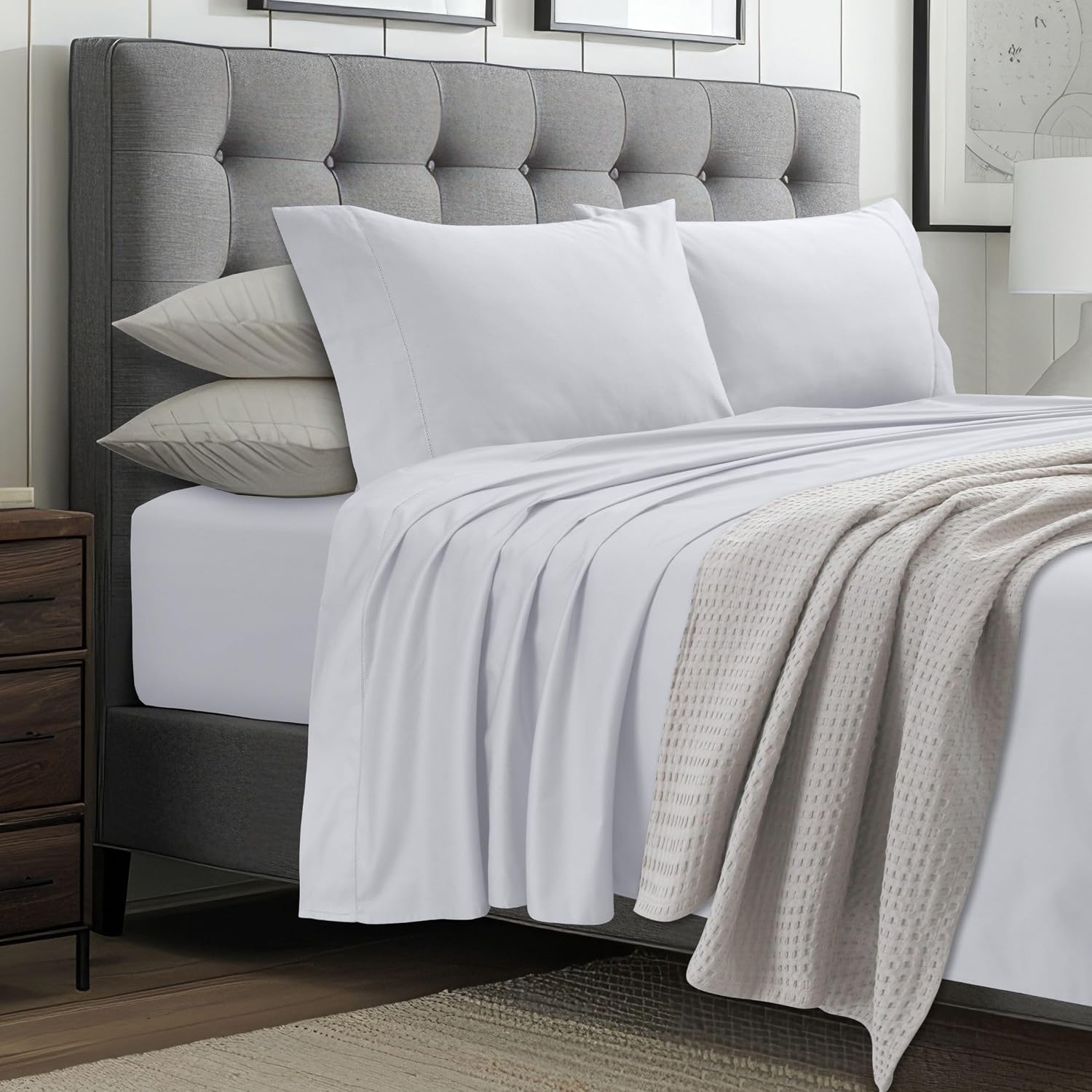 Tribeca Living 1000 Thread Count Egyptian Cotton Sheets California King Size - Silky Smooth Sateen Weave for Luxurious Sleep - 22 Inch Deep Pocket 4-Piece Set in White