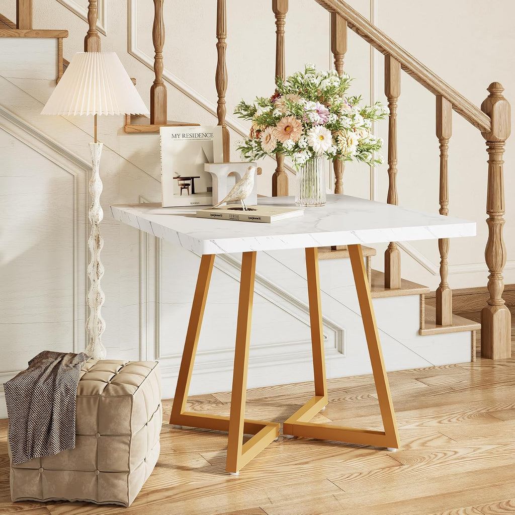 LITTLE TREE 31.5 Inches Small Dining Table for 4, Square Dinner Table for Small Space, Dining Room Tables, White Gold Wooden Kitchen Table with Metal Legs, Modern Leisure Cafe Table for Apartment