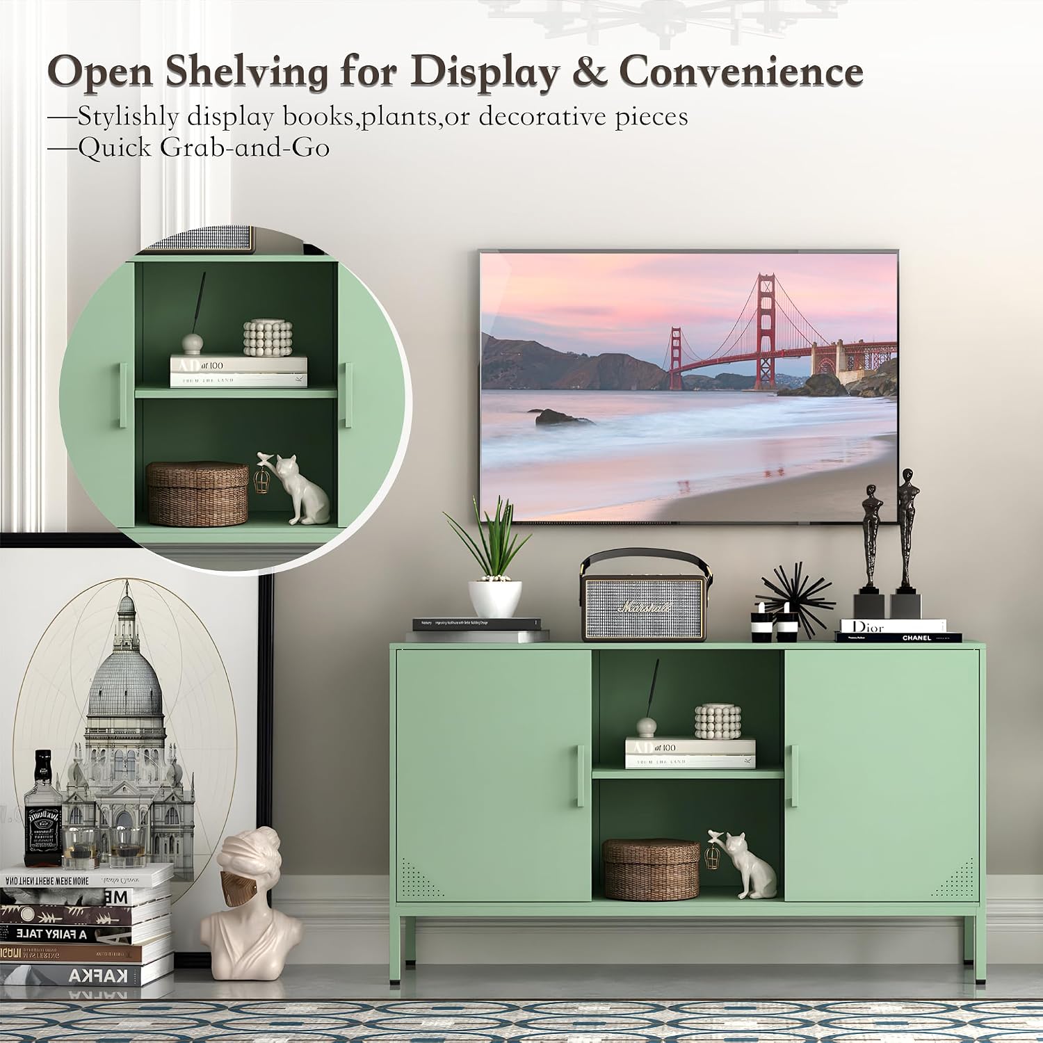 Steehoom Metal Cabinet, High Capacity Green Buffet Cabinet Coffee Bar Sideboard with Adjustable Shelf, Pantry Drink Locker for Living Room, Kitchen, Bedroom, Dining Room, Entryway (Green, H29.53'')