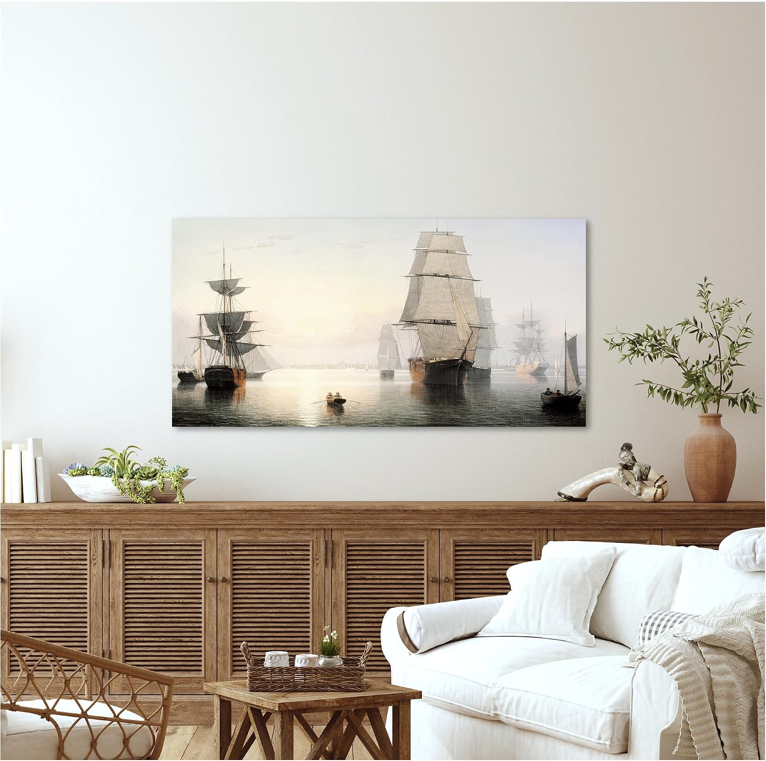 A&T ARTWORK Boston Harbor, Sunset, Fitz Henry Lane Sailboat Warship Painting Reproductions Reproductions,Giclee Canvas Prints Wall Art for Home Decor,45x24x1.5 inches