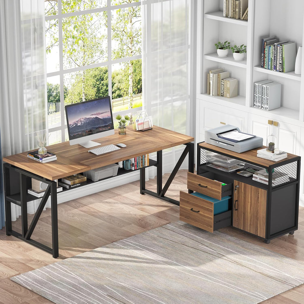 Tribesigns 63' Executive with Drawer Cabinet, L Shaped Desk and Lock lateral File Cabinet, 2 Piece Home Office Furniture Set with Drawers for Hanging File, (Brown, 63 inches)