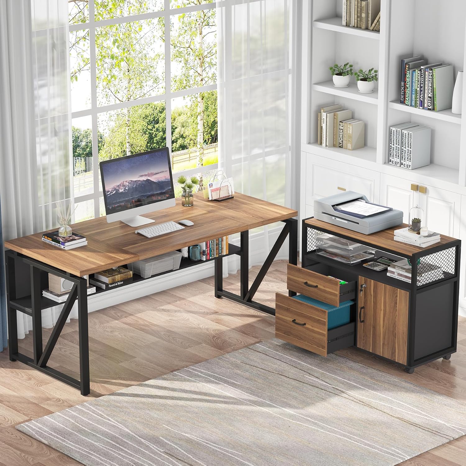 Tribesigns 63' Executive with Drawer Cabinet, L Shaped Desk and Lock lateral File Cabinet, 2 Piece Home Office Furniture Set with Drawers for Hanging File, (Brown, 63 inches)