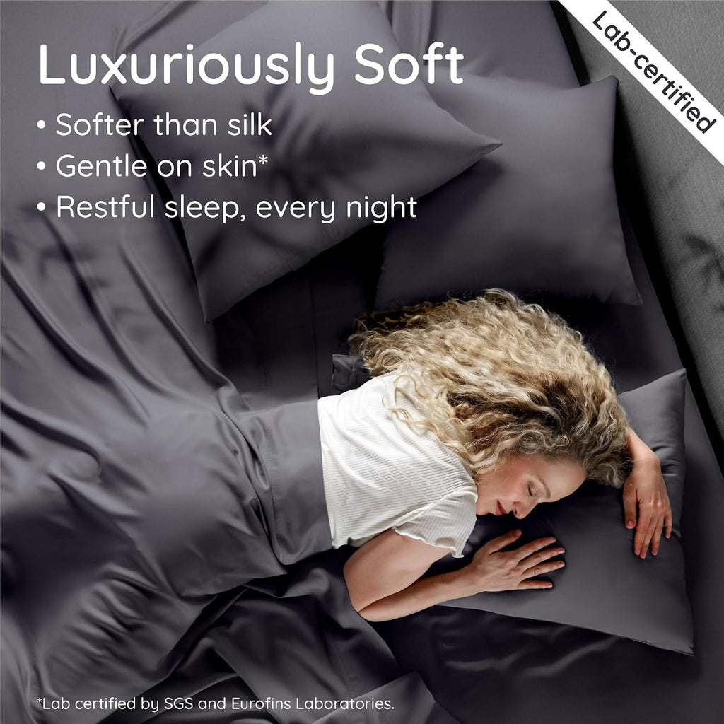 Bambaw 100% Viscose Derived from Bamboo Queen Size Sheet Set - 6pcs Cooling, Deep Pocket Fits Up to 16'' with Elastic Corner Straps, Queen Soft Sheets (Charcoal)