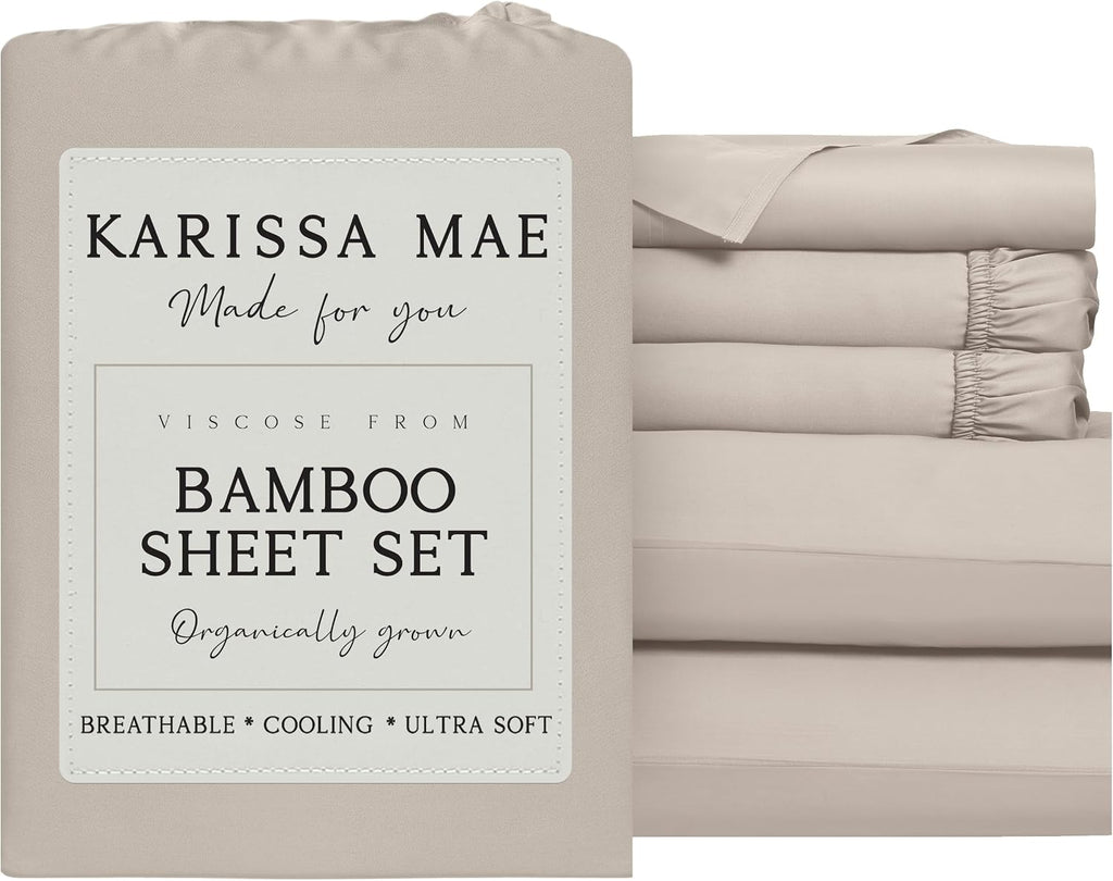 KARISSA MAE Pure Viscose from Bamboo Split King Size Sheet Set | 100% FSC Certified | Luxuriously Soft | Cooling | 18' Deep Pocket w/Corner Straps | [Dune]