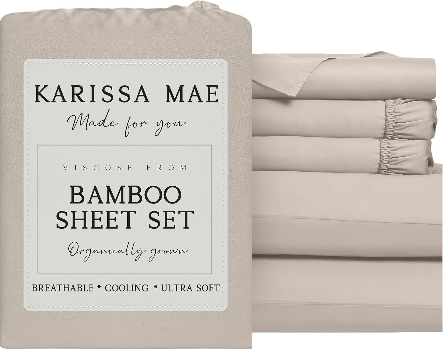 KARISSA MAE Pure Viscose from Bamboo Split King Size Sheet Set | 100% FSC Certified | Luxuriously Soft | Cooling | 18' Deep Pocket w/Corner Straps | [Dune]