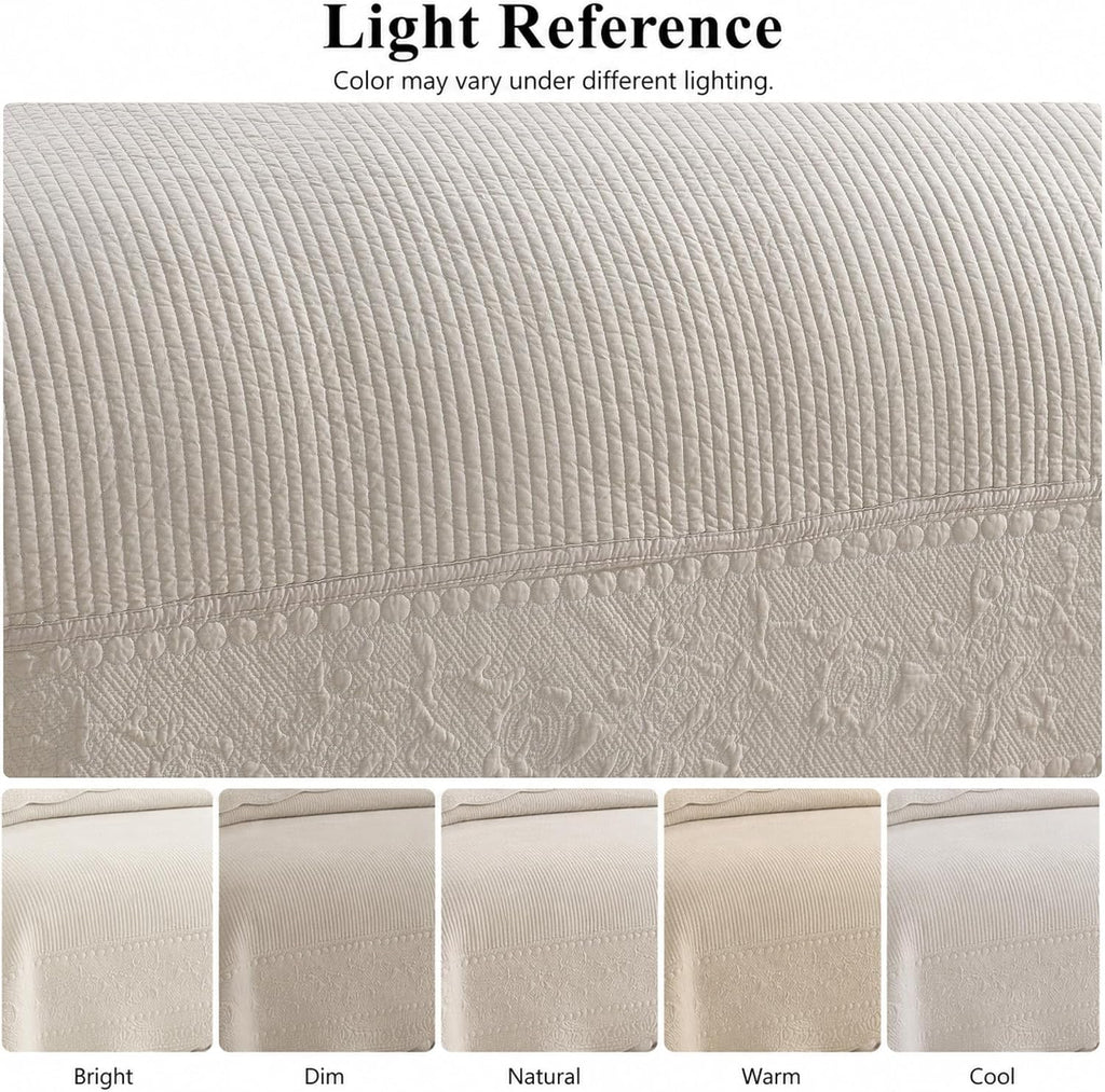 MarCielo 3-Piece 100% Cotton Oversized Bedspread Lightweight Quilt Coverlet Embroidery Farmhouse Bedding Set (TG Light Yellow Beige, Oversized Queen (100'x106'))