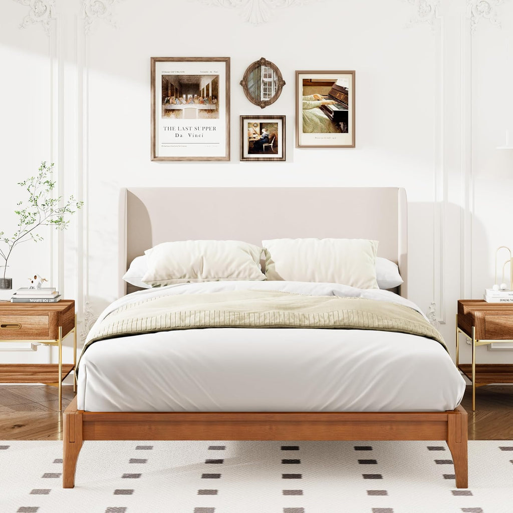 Merax Queen Size Bamboo Platform Bed, Mid-Century Bed Frame with Tall Upholstered Headboard, Wood Slat Support, No Box Spring Needed, Easy Tool-Free Assembly, Beige+Brown
