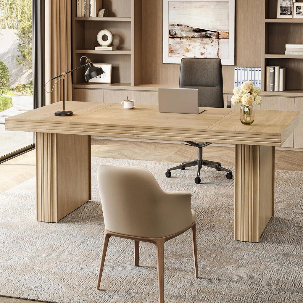 Tribesigns 63' Executive Desk, Modern Executive Office Desk with Thickened Desktop and Heavy-Duty Legs, Wood Writing Workstation Study Table Conference Table for Office, Natural