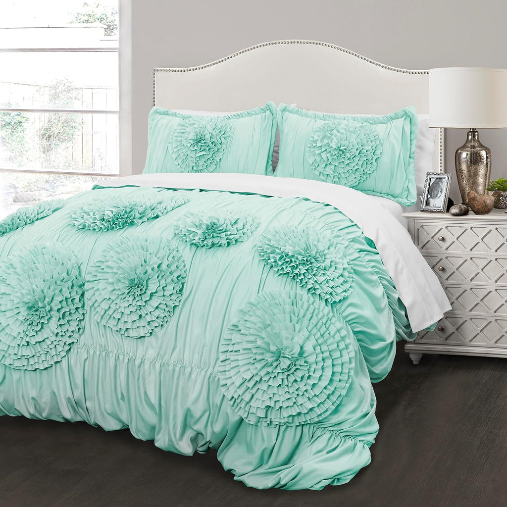 Lush Decor Serena Comforter Set, 3 Piece Set, Full/ Queen, Aqua - Cute Comforter - Queen Bedding Set - Blue Comforter Queen Size - Coquette Decor