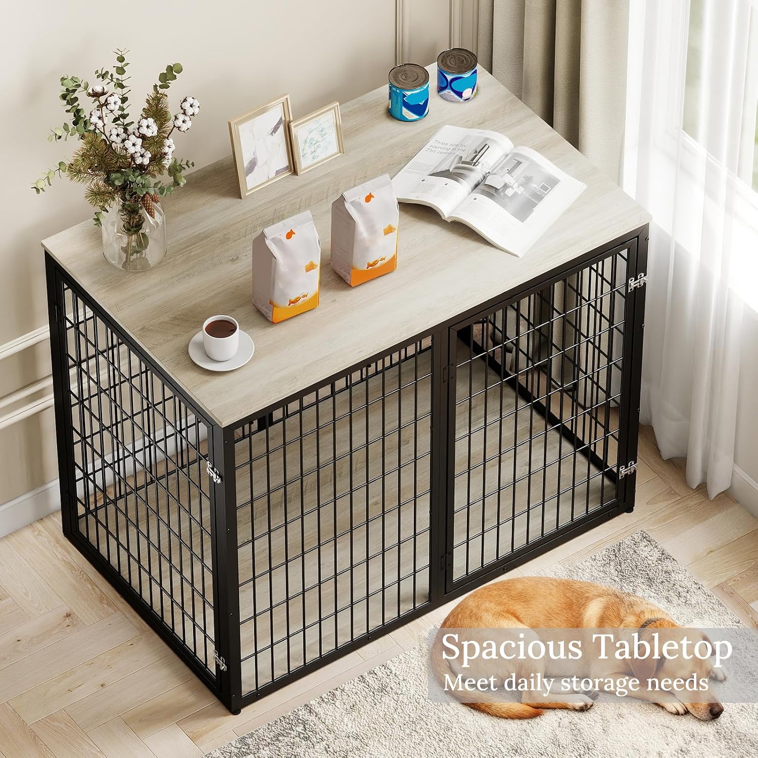 Yafylly 48' Dog Crate Furniture for Medium Large Dogs, Indestructible Large Dog Kennel Indoor with 3 Doors, Wooden Dog Cage Side End Table, Heavy Duty XL Dog Crate, Gray