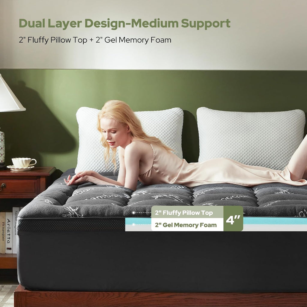 BEDLORE 4 Inch Memory Foam Mattress Topper Full,2-in-1 Dual Layer Design (2' Gel Memory Foam + 2' Plush Pillow Top Cover) Mattress Topper Medium-Firm,Pressure Relief & Back Pain Support(Dark Gray)