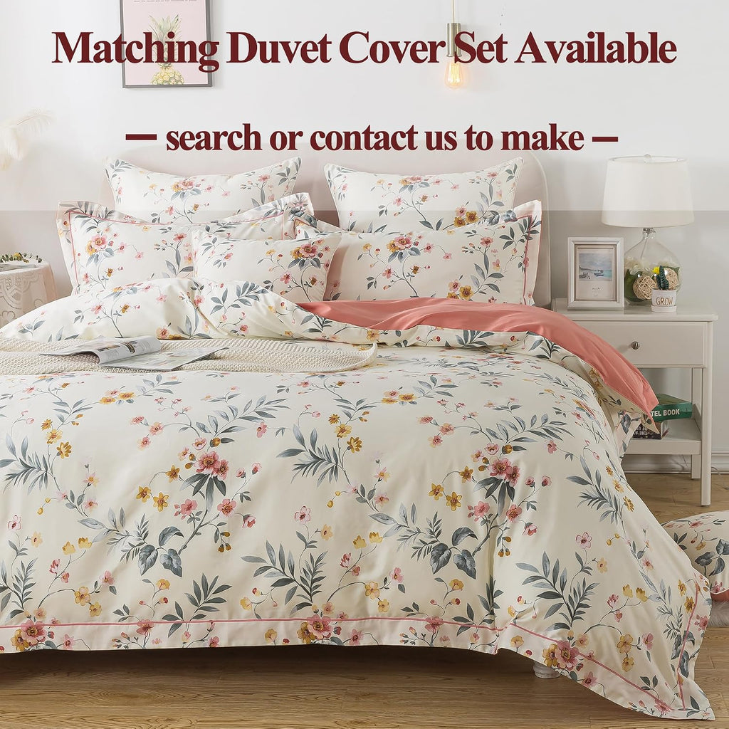 FADFAY Floral Sheets Queen Vintage Pink Floral Bedding Shabby Beige Elegant Botanical Sheets Rustic Farmhouse Bedding 800 Thread Count 100% Egyptian Cotton Deep Pocket Fitted Sheet 4Pcs, Queen Size