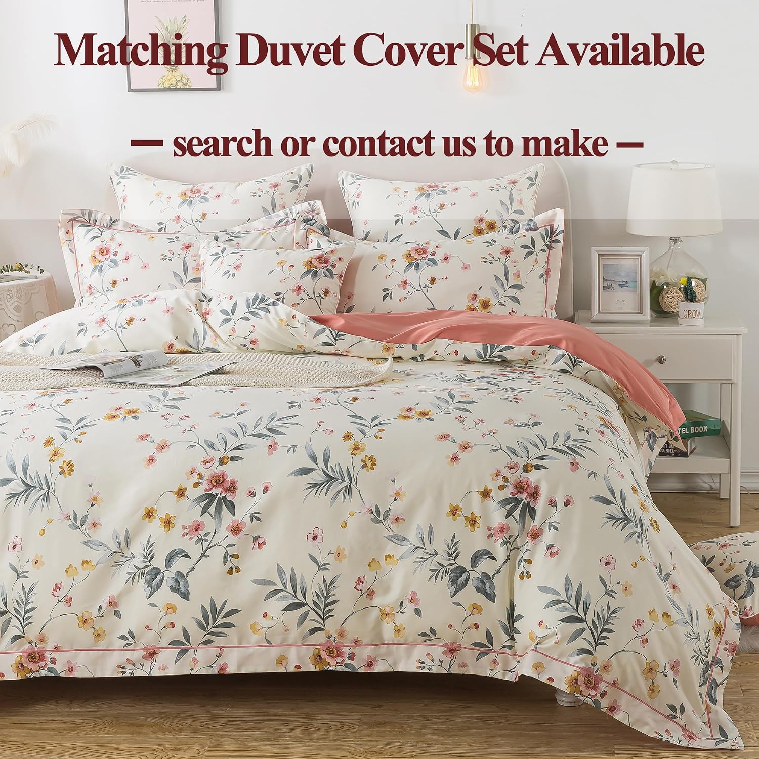 FADFAY Floral Sheets Queen Vintage Pink Floral Bedding Shabby Beige Elegant Botanical Sheets Rustic Farmhouse Bedding 800 Thread Count 100% Egyptian Cotton Deep Pocket Fitted Sheet 4Pcs, Queen Size