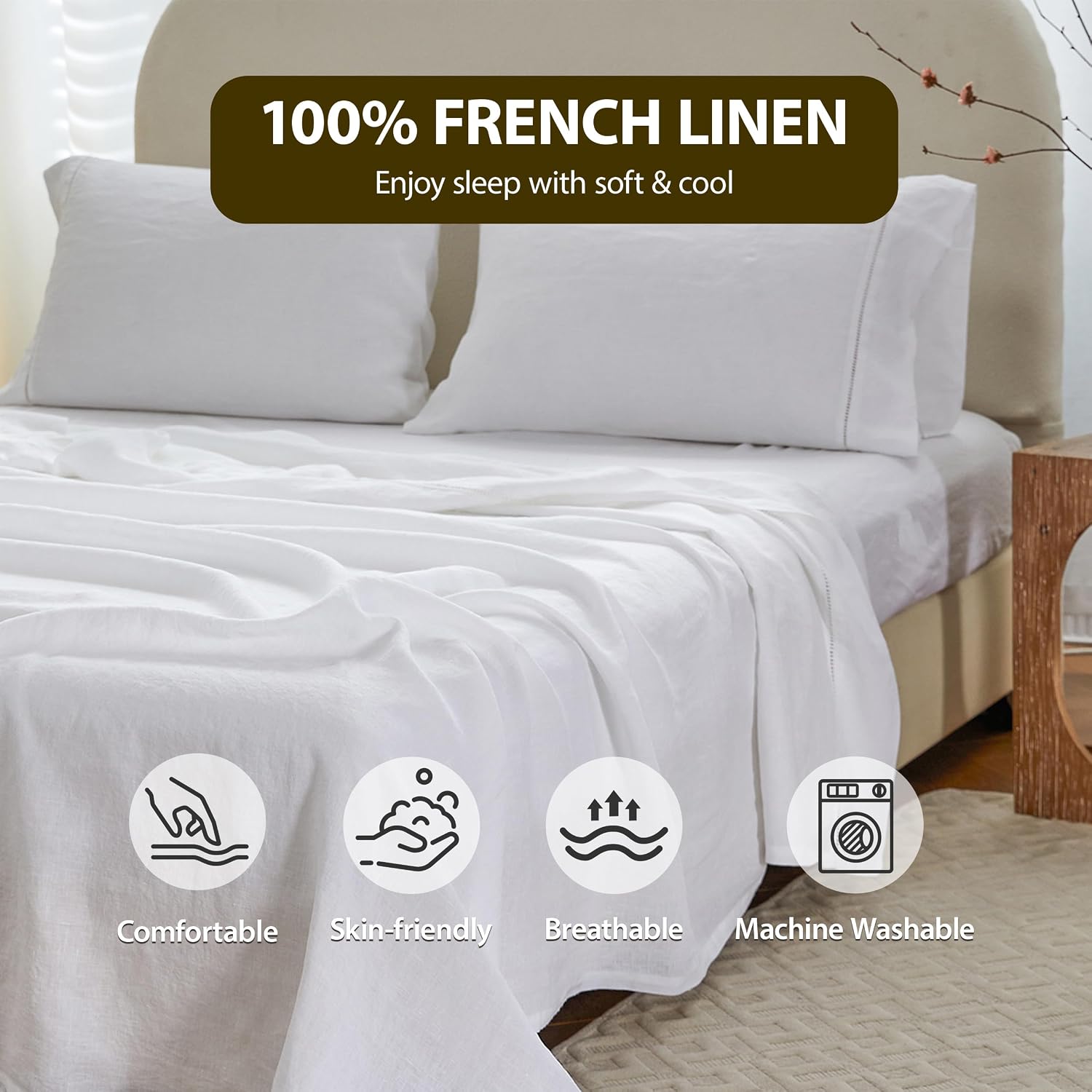 Simple&Opulence 100% Linen Hollow Hemstitch Sheet Set -4 Pieces European Flax Pure Washed Bed Sheets (1 Flat Sheet, 1 Fitted Sheet,2 Pillowcases) -Breathable and Soft (Hemstitch White,Queen)