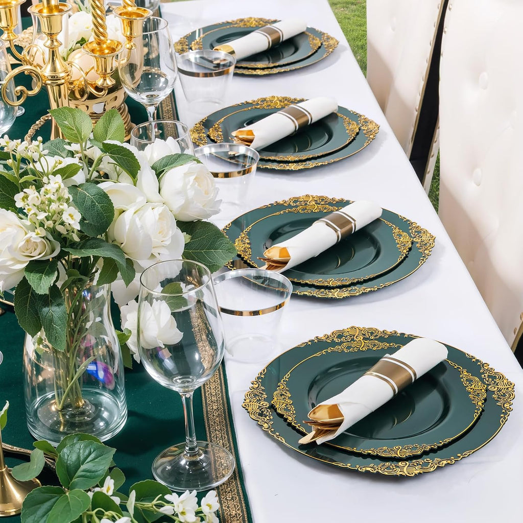 Nervure 175PCS Green Plastic Plates - Disposable Green Gold Party Plates & Pre Rolled Napkins with Cutlery for 25 Guests, 50Plates, 75Silverware, 25Cups, 25Napkin for Wedding & Party (Pack of 2)