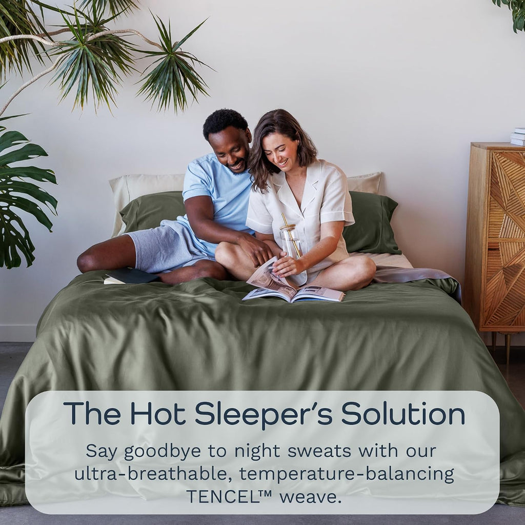 Olive + Crate Tencel Lyocell Eucalyptus Queen Size Sheet Set - Cooling Tencel Sheets for Hot Sleepers with 18 Inch Deep Pocket Fit - Moss 4-Piece Set