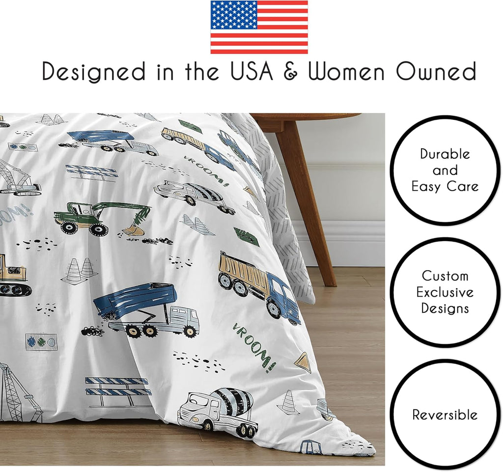Sweet Jojo Designs Construction Truck Boy Full/Queen Bedding Set Kids Comforter Childrens Size - 3 Pieces - Grey Yellow Black Blue and Green Transportation Chevron Arrow