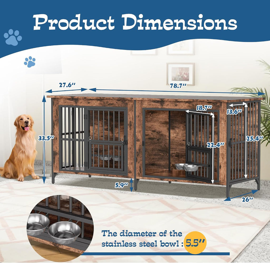 Grepatio 79' Double Dog Crate Furniture for 2 Dogs, Large Dog Kennel with 360° Rotating Feeder Bowls, Indoor Double Dogs Crates with 4 Doors, Wooden Dog Crate TV Stand with Removable Divider
