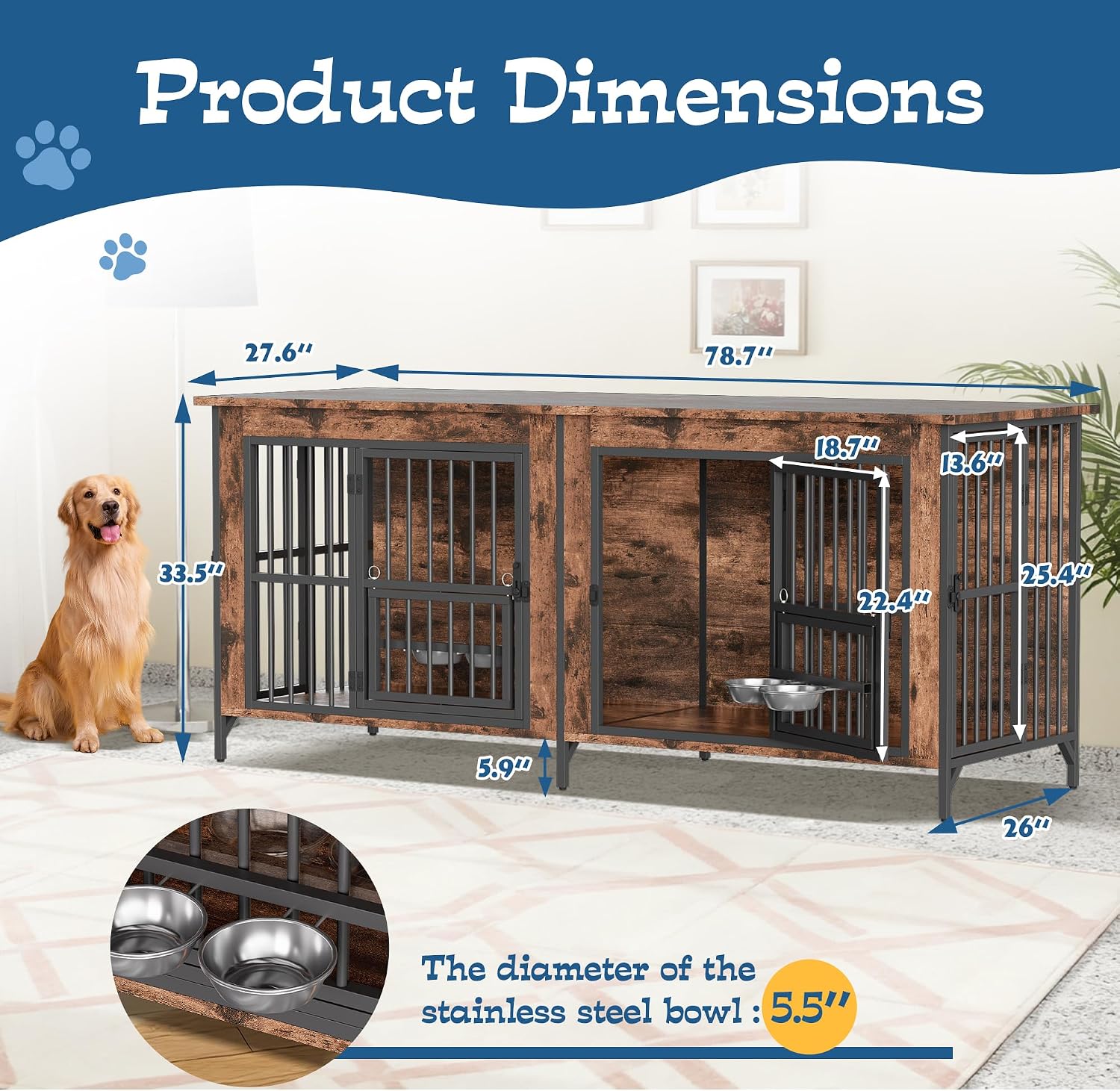 Grepatio 79' Double Dog Crate Furniture for 2 Dogs, Large Dog Kennel with 360° Rotating Feeder Bowls, Indoor Double Dogs Crates with 4 Doors, Wooden Dog Crate TV Stand with Removable Divider