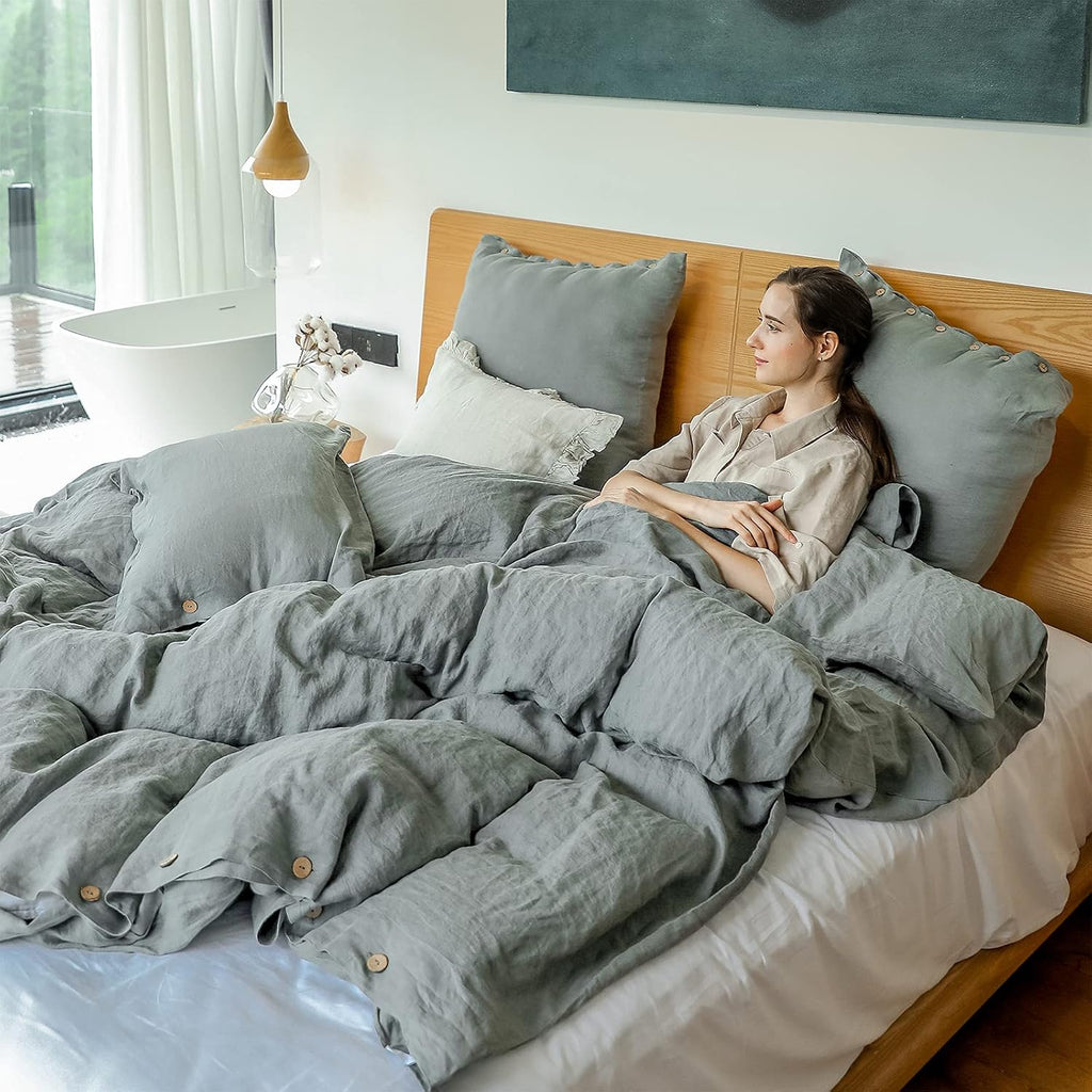 Simple&Opulence 100% Linen Duvet Cover Set 3pcs with Coconut Button Closure Natural French Washed Flax Solid Color Soft Breathable Farmhouse Bedding - Cushing Green, Queen Size
