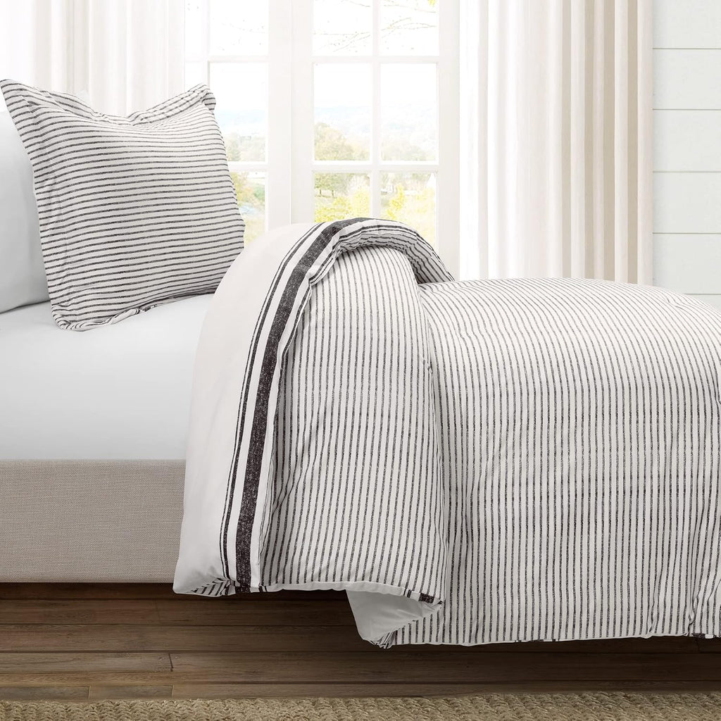 Lush Decor Farmhouse Stripe Reversible Cotton Comforter Set, 2-Piece, Twin XL Black - Twin Bedding Set - Dorm Decor - Striped Comforter for Farmhouse Bedroom Decor