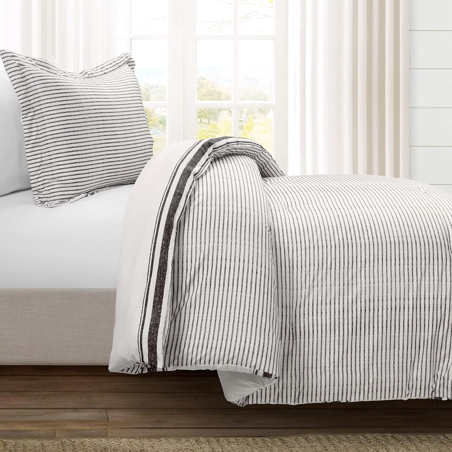 Lush Decor Farmhouse Stripe Reversible Cotton Comforter Set, 2-Piece, Twin XL Black - Twin Bedding Set - Dorm Decor - Striped Comforter for Farmhouse Bedroom Decor