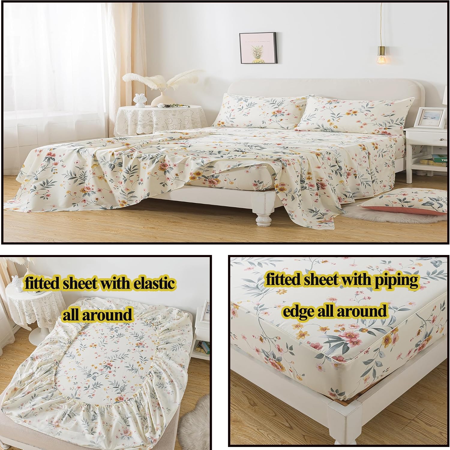 FADFAY Floral Sheets Queen Vintage Pink Floral Bedding Shabby Beige Elegant Botanical Sheets Rustic Farmhouse Bedding 800 Thread Count 100% Egyptian Cotton Deep Pocket Fitted Sheet 4Pcs, Queen Size