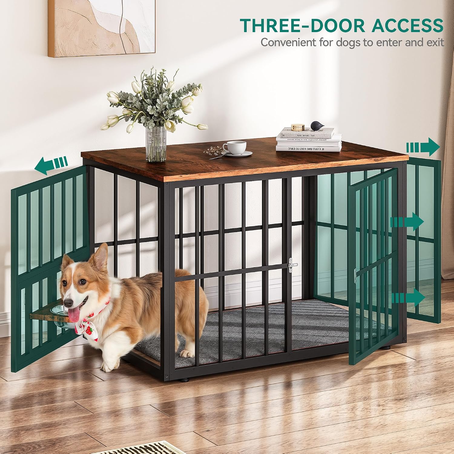 YITAHOME 77.6' Large Corner Dog Crate Furniture for 2 Dogs, Steel Frame Cage with Double Doors & Bowls & 3 Doors, Double Dog Crate Furniture TV Stand for Medium Large Dogs, Brown