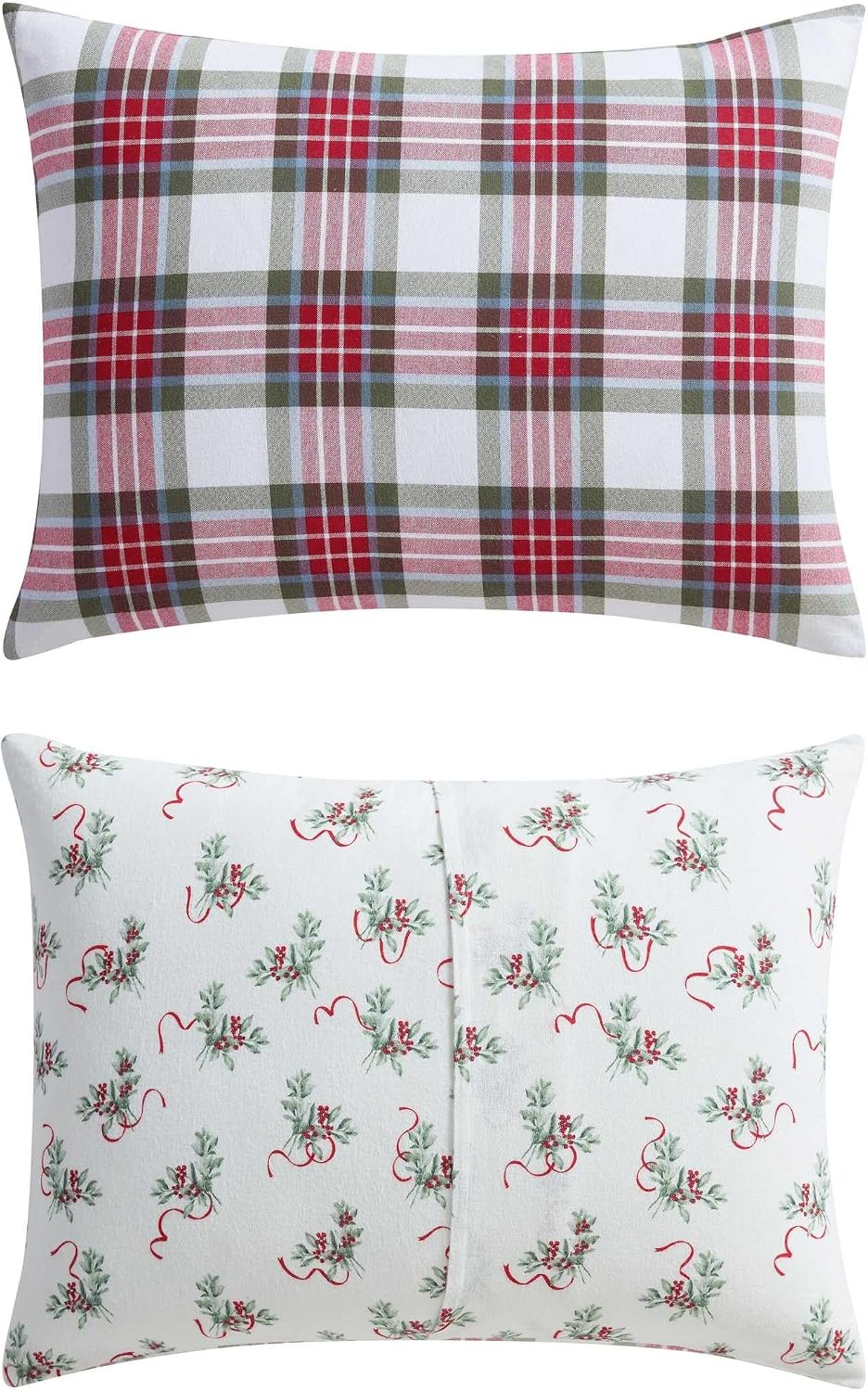 Martha Stewart - Queen Bedding Comforter Sets, Wonderfully Plush & Naturally Soft Cotton Flannel Bedding w/Matching Pillowcases, 3 Piece Bed Sets (Yuletide Spruce Plaid/Holiday Ribbons Red)