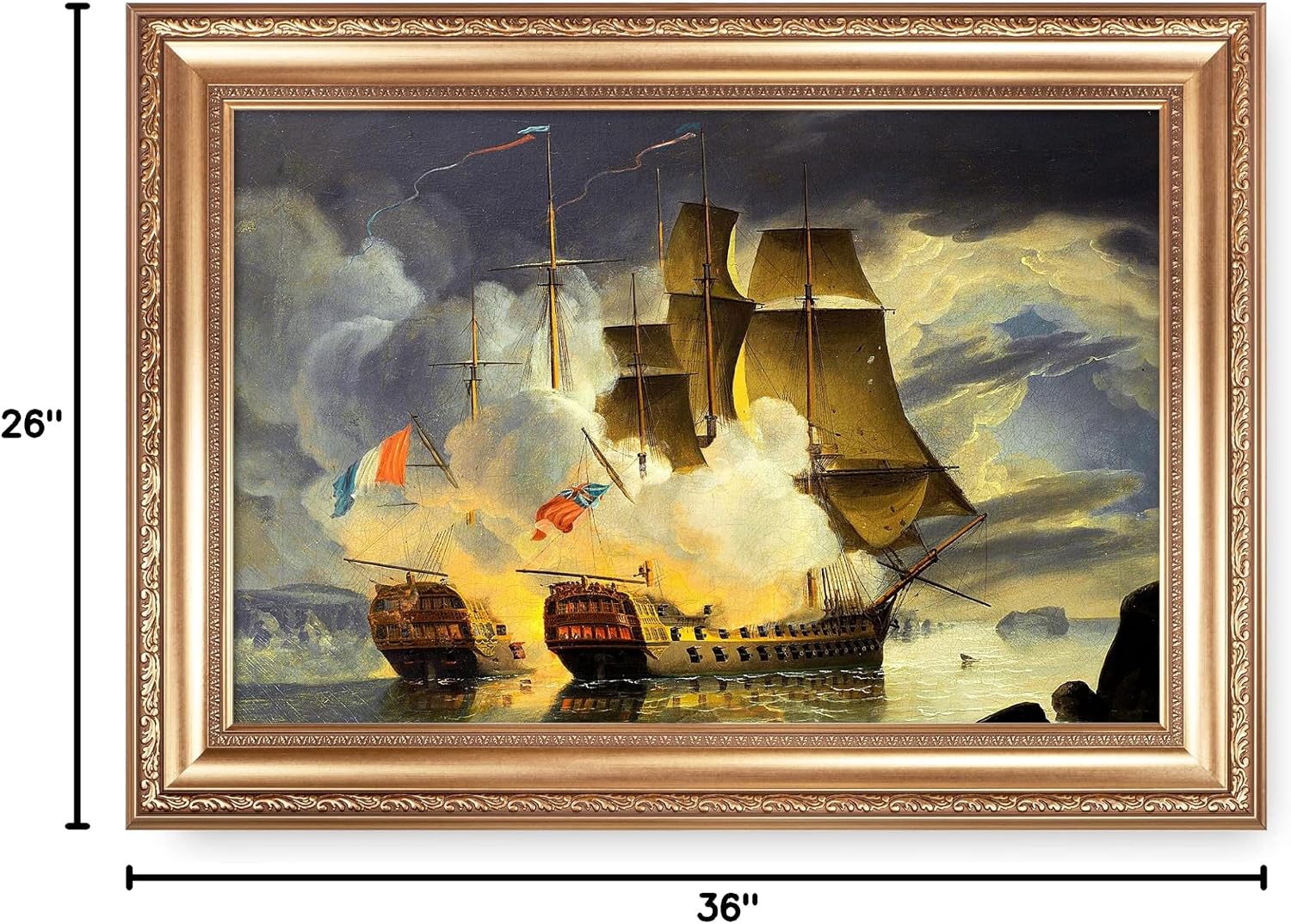 Battle of the Raz de Sein by John Christian Schetky Sailboat Warship Painting Reproductions Framed Size:36x26 inches,Image Size:30x20 inches World Classic Reproductions For HomeDecor,Gold Frame