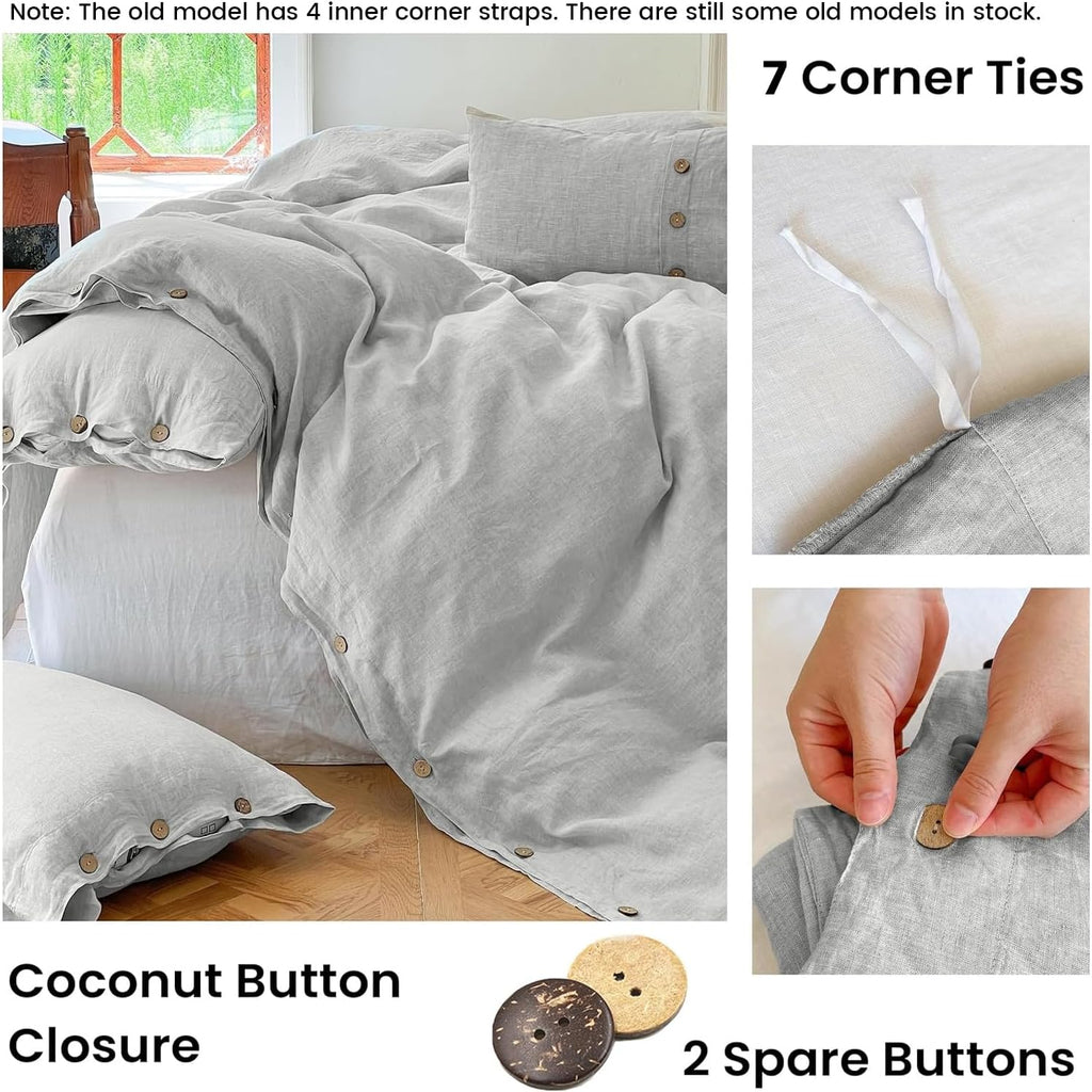 Simple&Opulence 100% Linen Duvet Cover Set 3pcs with Coconut Button Closure Natural French Washed Flax Solid Color Soft Breathable Farmhouse Bedding - Light Grey, Queen Size