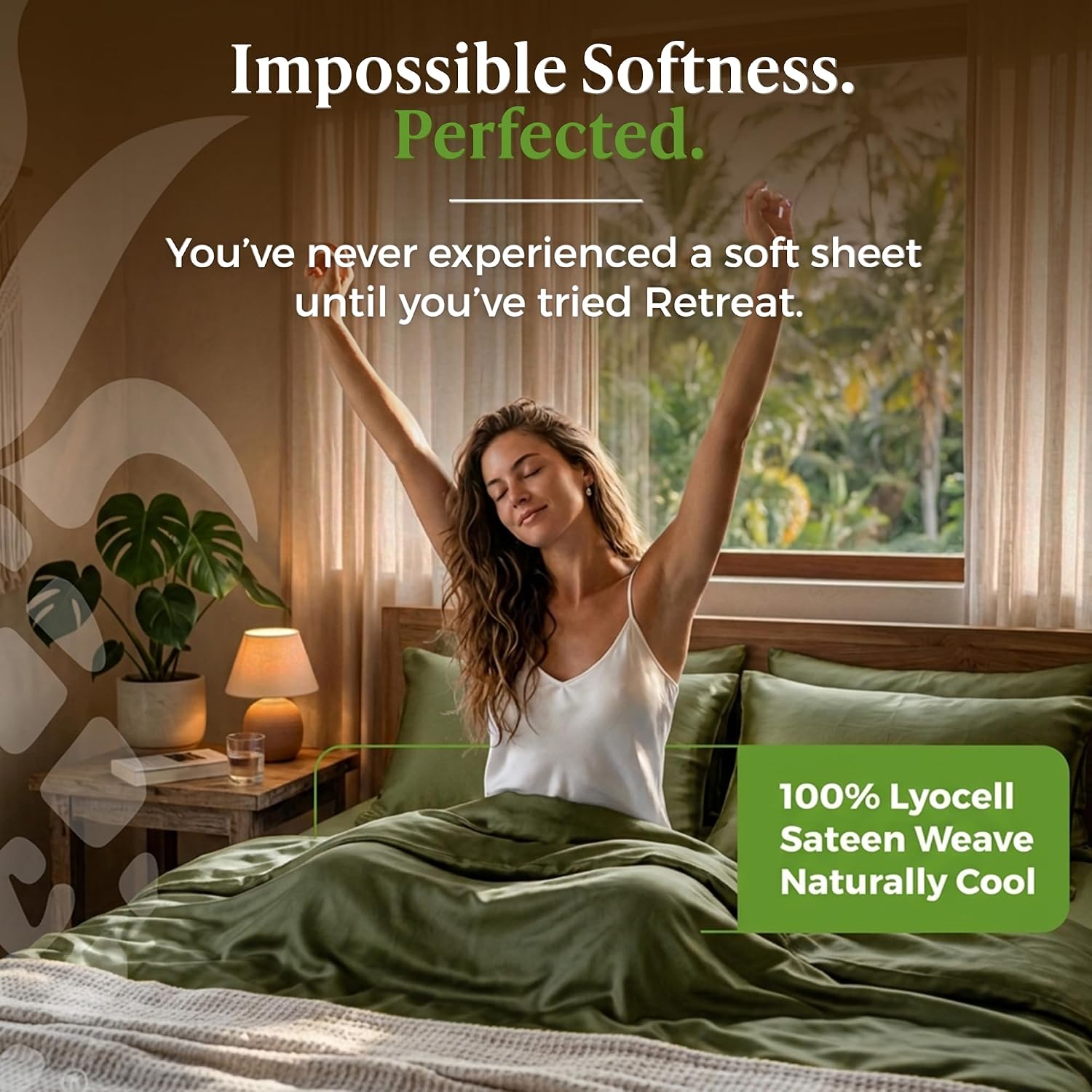 Cariloha Retreat 4-Piece Sateen Sheet Set | Oasis Green | Queen | Lyocell Material | Breathable, Corner Straps, Extra Soft & Cooling