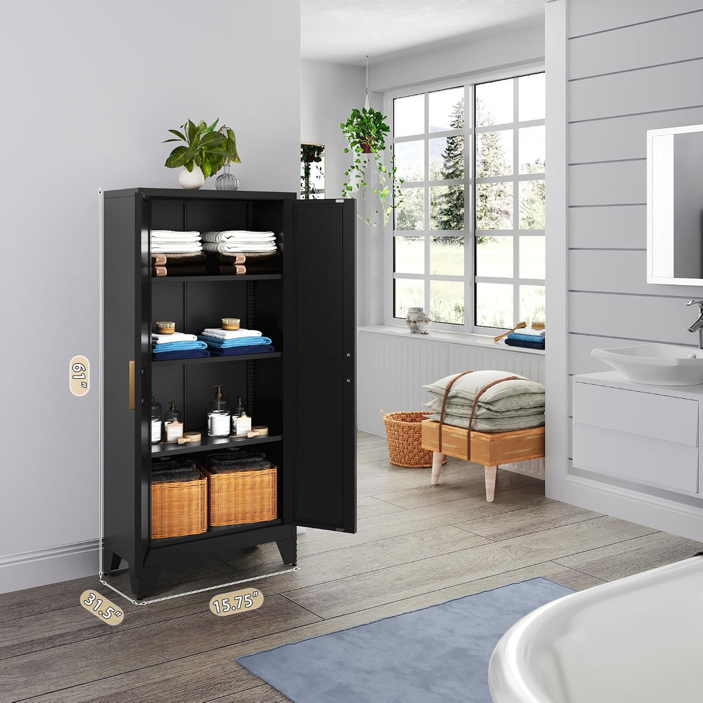 61' Tall Farmhouse Metal Pantry Cabinet, Kitchen Pantry Storage Cabinets with 2 Barn Door and Adjustable Shelves,Metal Pantry Storage Cabinet,for Kitchen,Laundry Room,Home Office,Kids Room (Black)
