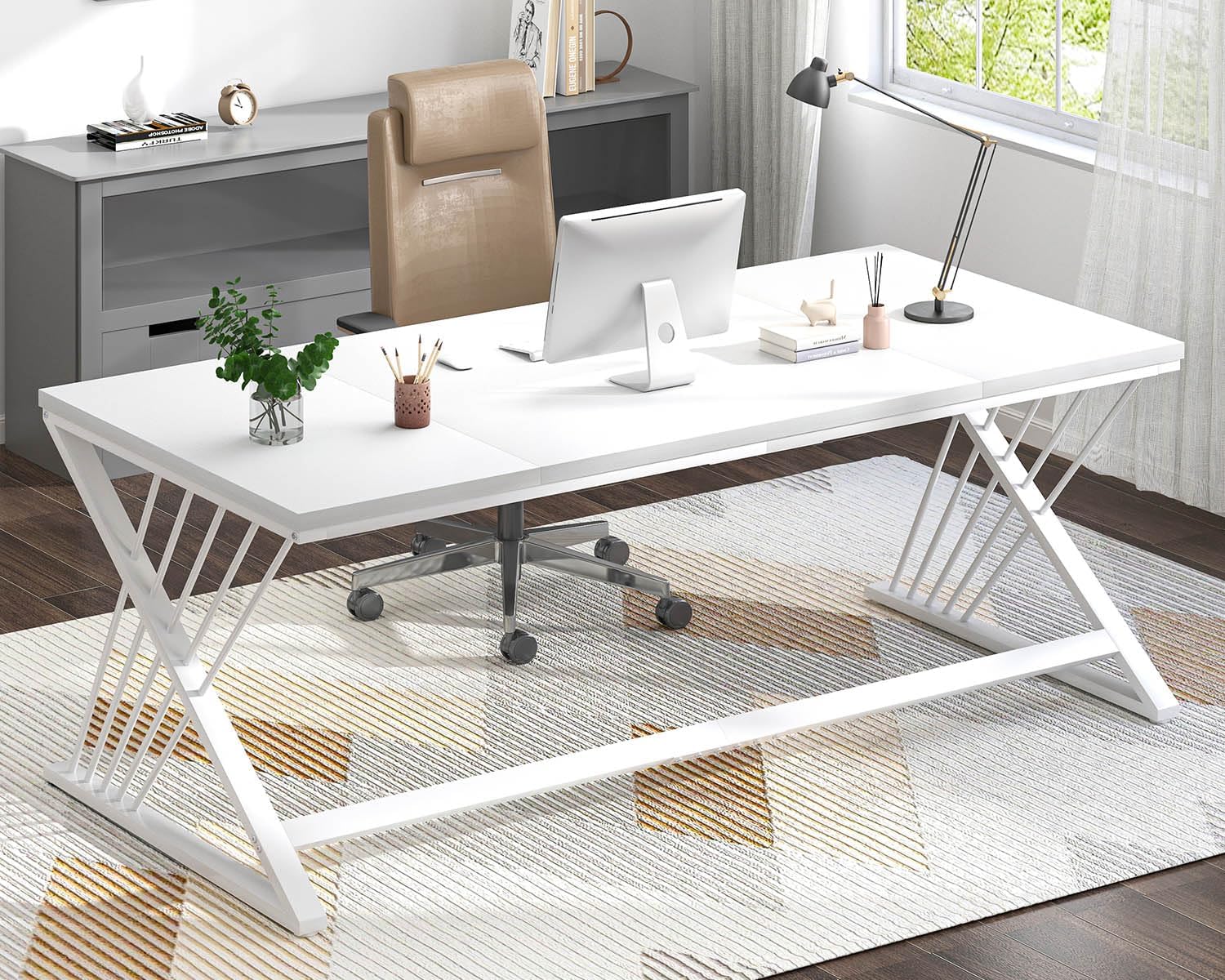 FOLUBAN 70.9' Modern Computer Desk with Z-Shaped Legs, Industrial Executive Home Office Desk for 2 Person, Large Writing Study Table for Bedroom, Gaming Workstation, White