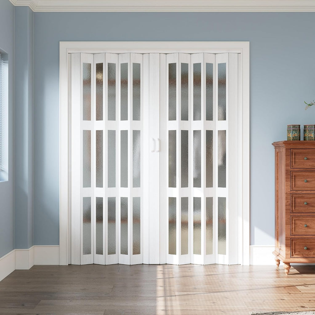 72' x 80' Accordion Door Interior, Arylic Glass Powerful Magnetic Folding Door and Hardware Kit Included, Multifold Bifold Closet Doors for Closet Bathroom Doorway 48-72' x 80'