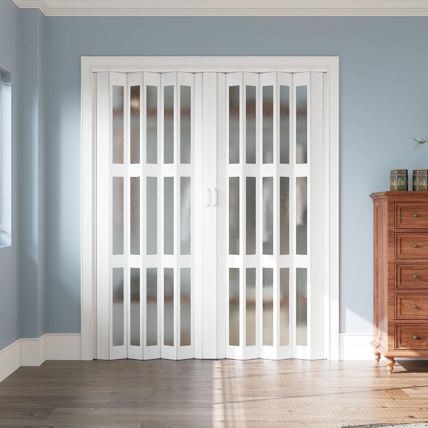 72' x 80' Accordion Door Interior, Arylic Glass Powerful Magnetic Folding Door and Hardware Kit Included, Multifold Bifold Closet Doors for Closet Bathroom Doorway 48-72' x 80'