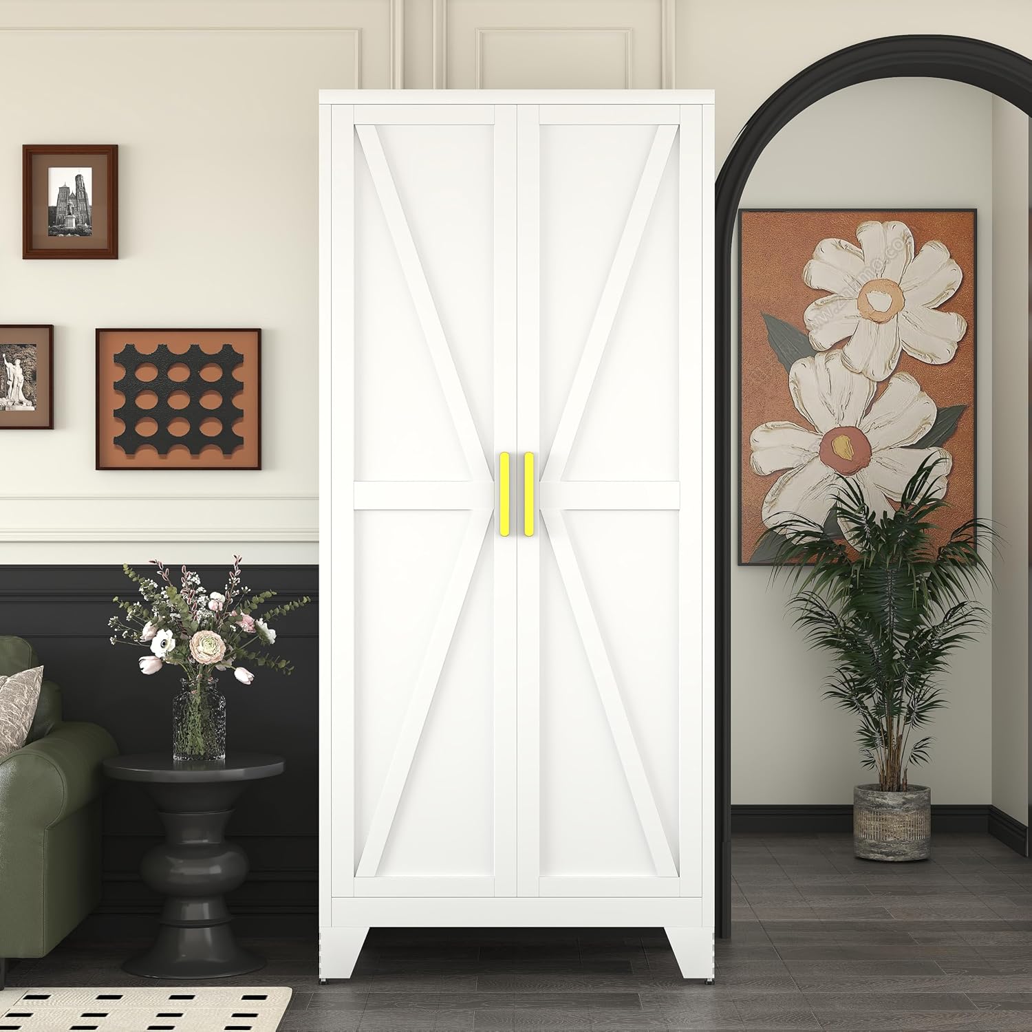 61' Tall Pantry Cabinet, White Metal Pantry Storage Cabinet, Kitchen Pantry Storage Cabinets with 2 Door and 3 Adjustable Shelves (White, 61' Modern)